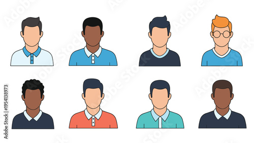 Grid of eight diverse male avatars with different skin tones hair colors and styles wearing various colored polo shirts on a white background.