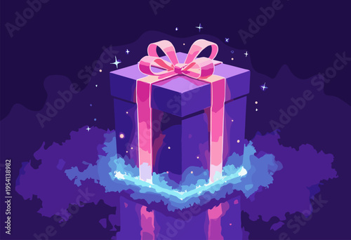 3D isometric view glowing, hovering gift box tied neon ribbon box is slightly open, radiating mysterious blue light Surprise bonus concept Dark purple background No text