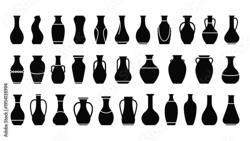 Diverse collection of classic ceramic vase silhouettes presents a wide variety of elegant shapes and decorative vessels for interior design use.