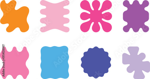 Eight colorful irregularly shaped fluid blobs are arranged across a bright white background