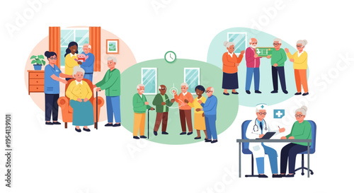 Senior Care & Active Lifestyle: Diverse Elderly Engaging in Healthcare, Community Activities, and Social Support for Well-being