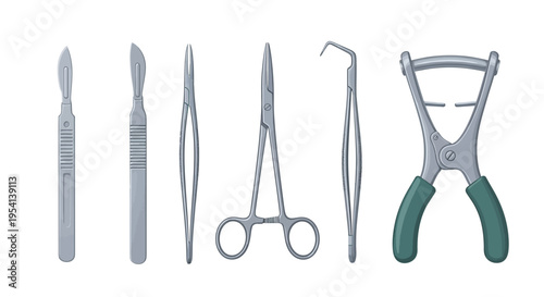 Surgical and Dental Instruments Set Vector Illustration - Scalpel, Forceps, Hemostat, Probe, Retractor for Medical Procedures