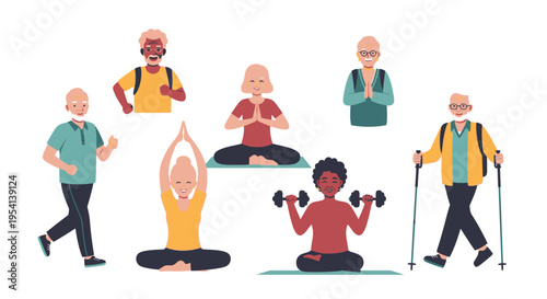 Diverse Active Seniors Exercising & Practicing Wellness | Elderly Men and Women Engaging in Fitness Activities Like Yoga, Walking, and Weightlifting