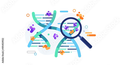 DNA Genetic Research, Analysis, and Discovery Concept with Magnifying Glass Illustration
