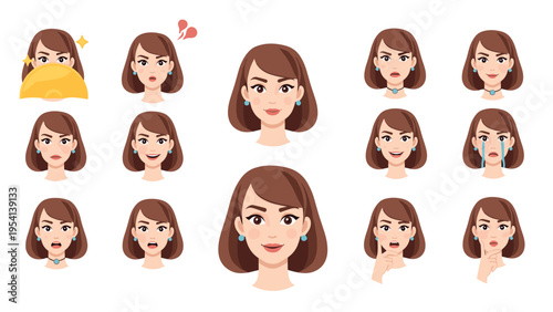 Expressive character sheet of a young woman displays a wide range of facial expressions and emotions for use in animation and storytelling.
