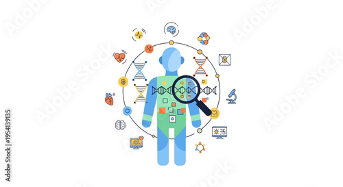 Human DNA Genetic Research and Health Analysis. Biotechnology, Personalized Medicine, and Medical Diagnostics Concept with Icons