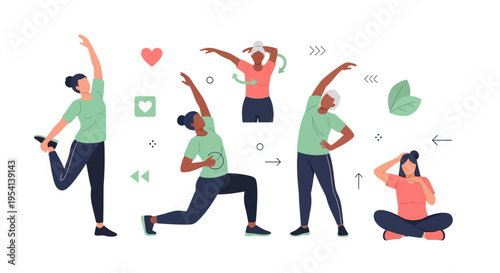 Diverse Women Stretching & Exercising: Fitness, Yoga, & Healthy Lifestyle Vector Illustration