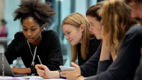 Multi-ethnic group of young adult women collaborating on a project using a laptop in a modern workspace.