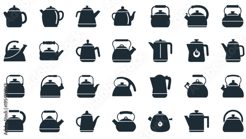 Large selection of teapot and kettle silhouettes displays many different classic and modern styles for kitchen and tea time graphic design.