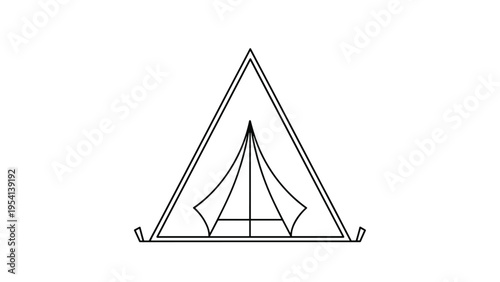 Minimalist line art illustration of a classic camping tent depicts a simple shelter design for outdoor adventures and nature explorations.