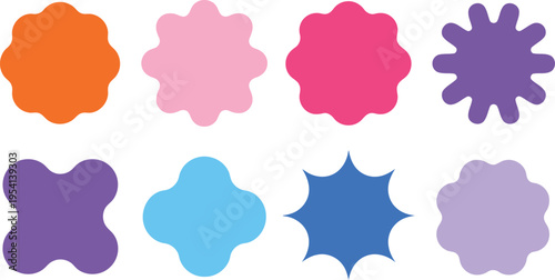 Eight unique graphic shapes featuring vibrant hues and distinct wavy outlines on a clean white canvas