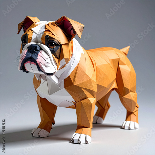 Detailed papercraft model of an English Bulldog in a low-poly style. 3D origami animal art, creative handmade dog sculpture isolated on a clean studio background. Hyperrealistic and geometric.