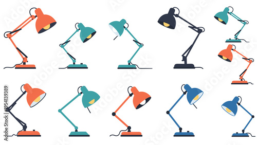 Grid of adjustable desk lamps in vibrant colors like orange and blue displays various positions and angles for office lighting solutions.
