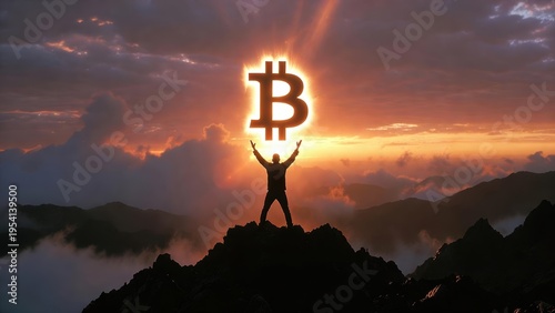 Man holding a Bitcoin sign on a mountain peak at sunset. An inspiring image of financial success and investment. Crypto asset, decentralized finance, digital revolution.