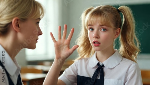 Two girls in classroom, one raising her hand to speak. A medium shot showcases youth and attention. School environment, learning process, peer interaction.