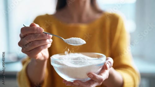 Woman adding refined granules of sucrose with a spoon into a glass bowl indoors. A close-up shot of a dietary ingredient that is unhealthy. High blood sugar, metabolic disease, unhealthy lifestyle.