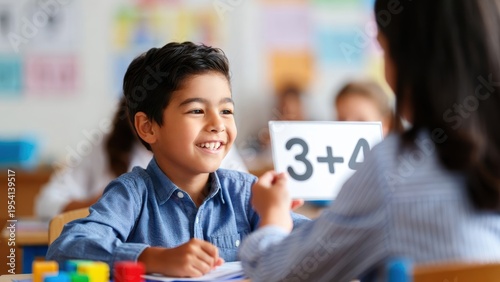 A young boy smiles while learning math with his teacher in the classroom. A bright image showcasing learning and joy. Academic achievement, classroom engagement, primary school.