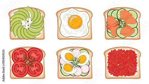 Set of six delicious gourmet toast illustrations features various healthy toppings like avocado smoked salmon fried egg and fresh tomatoes.