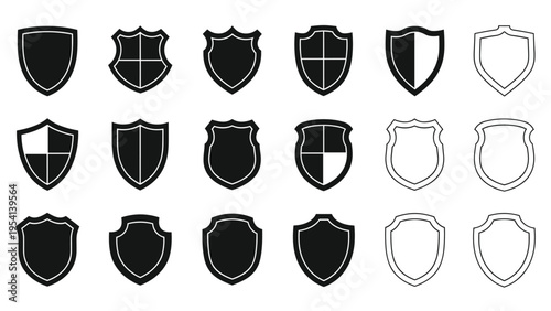 Extensive collection of heraldic shield silhouettes and outlines presents many different traditional shapes for crests and emblem design.