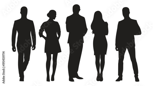 Silhouettes of five business professionals standing in a row