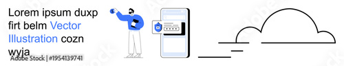 Data security, cloud technology, mobile access, cyber protection, secure storage, digital identity. Person interacts with mobile device showing secure login. Data security and cloud technology