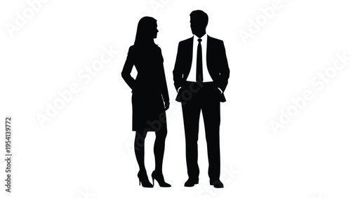 Silhouette of a man and woman in business attire standing side by side