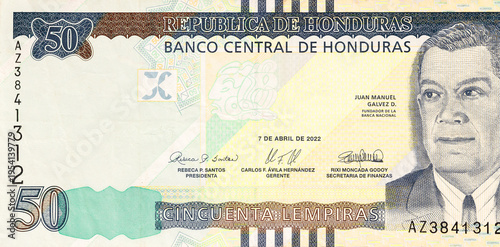 Cash in Honduras, 50 lempira note issued by Banco Central De Honduras.