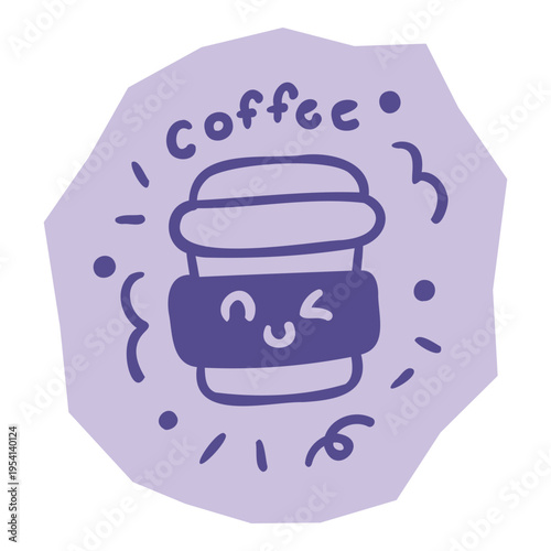 To-go coffee cup outline with winking face and text on purple shape for scrapbook and journal. Vector illustration design.
