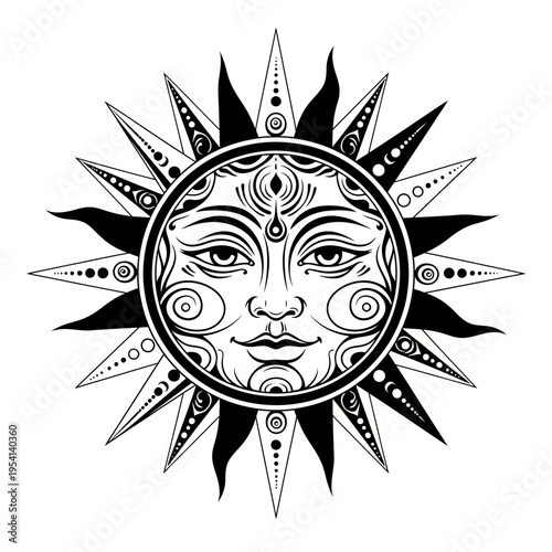 Mystical Sun Face Illustration with Ornate Celestial Details