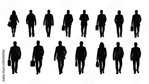 Silhouettes of business professionals walking in various poses