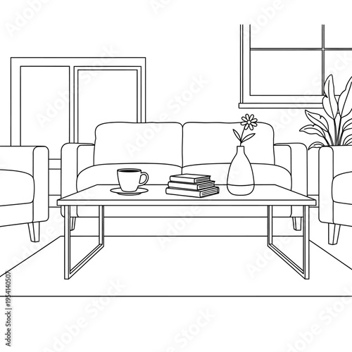 Minimalist Living Room Interior Line Art Illustration