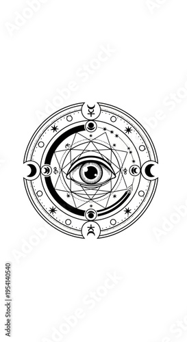 Mystical All-Seeing Eye Symbol with Sacred Geometry and Celestial Moon Phases