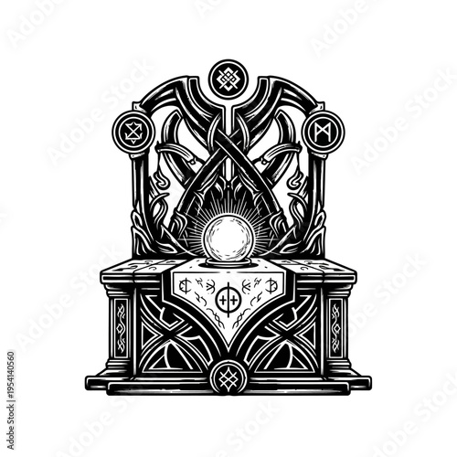Mystical Crystal Ball on Altar with Runes and Gothic Ornaments