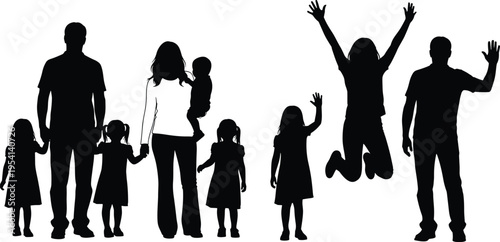 Set of black family silhouettes with parents holding hands with children, mother carrying baby, kids jumping for joy, and waving