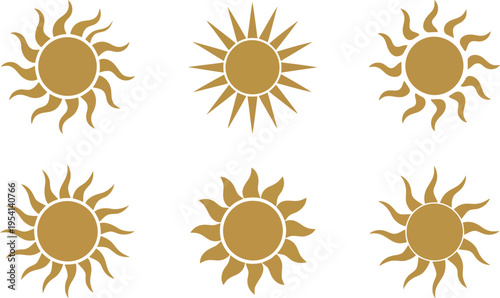 Six identical golden sun symbols with wavy rays radiating outwards on a clear white field