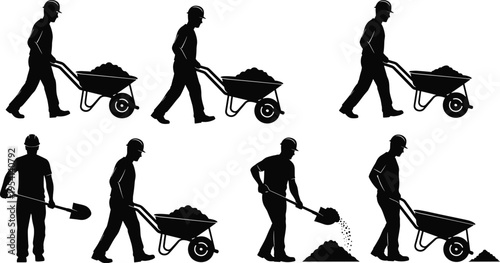 Collection of black silhouettes showing construction workers wearing helmets, pushing wheelbarrows, using shovels, digging dirt, and performing manual labor tasks