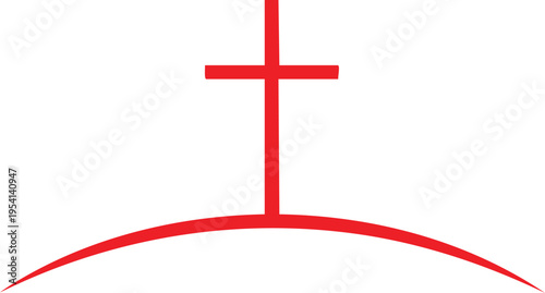 Red cross on a curved red hill with white background