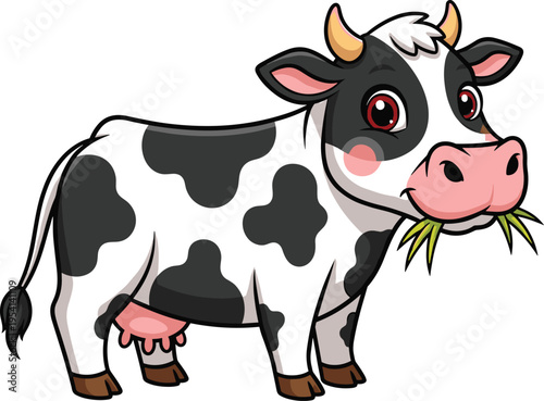 Cute Cartoon Dairy Cow Character with Black Spots Eating Green Grass Isolated on White Background for Farm and Dairy Design,