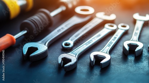 Close-up of assorted industrial wrenches and tool components on a workshop surface under studio lighting