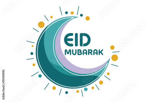 Eid Mubarak greeting vector, crescent moon with modern typography, Islamic holiday celebration graphic for social media