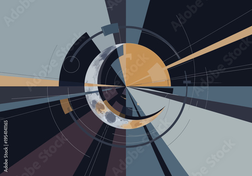 Abstract geometric moon vector illustration, celestial lunar art with sun rays, modern space science background