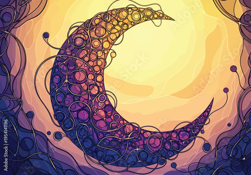 Abstract crescent moon vector illustration, celestial mosaic night sky, mystical purple and gold lunar art background