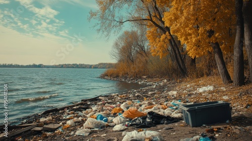 A polluted river shore covered in garbage and plastic waste with trees lining the background.