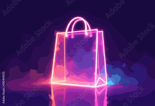 abstract flat shopping bag made entirely glowing, translucent neon light Digital commerce concept Clean, modern startup aesthetic Solid background color Space copy