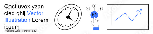 Human resources, productivity, time management, analytics, corporate goals, efficiency. Features a clock, HR point selection and growth chart. Time management and analytics concept