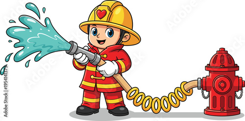 Cute Cartoon Firefighter Boy Wearing Red Uniform and Yellow Helmet Spraying Water Hose From Fire Hydrant Isolated on White Background,