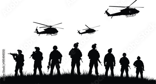 Black silhouette illustration of soldiers with weapons and military gear standing on ground while helicopters fly overhead, symbolizing war, defense, teamwork, and armed forces operation