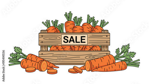 Large wooden crate overflowing with fresh orange carrots and a sale sign surrounded by harvested root vegetables on the ground.