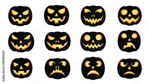 Group of twelve spooky jack o lantern pumpkin faces with glowing eyes and mouths on a dark black background for halloween themes.