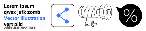 Networking, engineering, data sharing, analytics tools, financial metrics, technology systems. Connection symbol, mechanical element and percent icon. Networking and engineering concepts